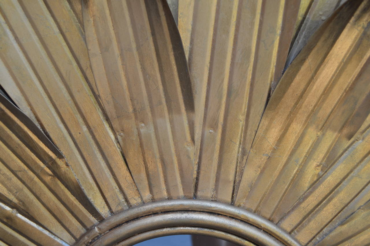 Sunburst Mirror of Thin Gilded Metal Leaves In Good Condition In Haddonfield, NJ