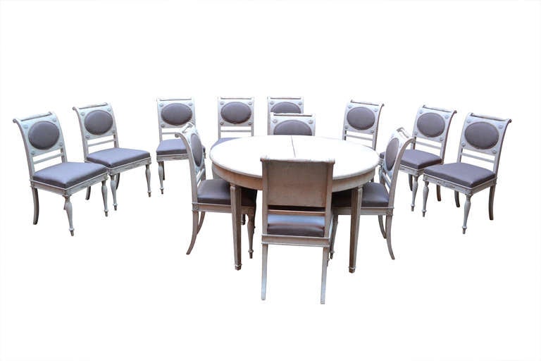 Set of 12 Gustavian Dining Chairs, newly upholstered.