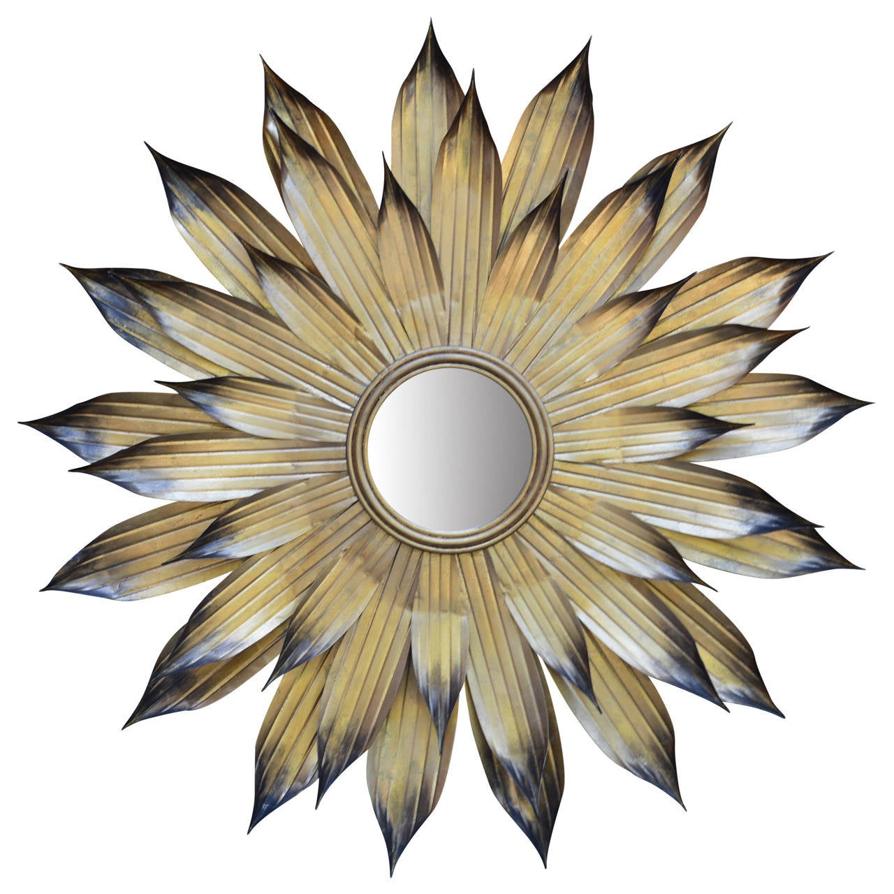 Three tiers of burnished tipped metal leaves create this huge beautiful golden sunburst mirror.