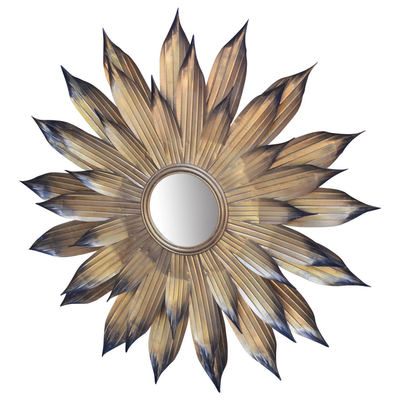 Mid-Century Modern Sunburst Mirror of Thin Gilded Metal Leaves
