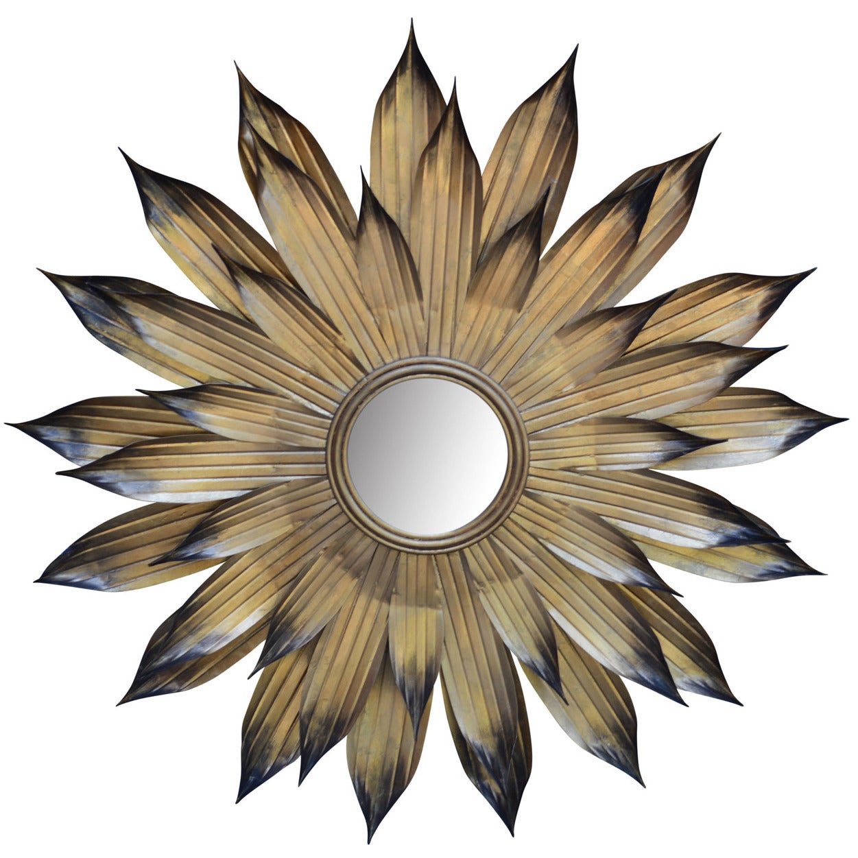 Sunburst Mirror of Thin Gilded Metal Leaves