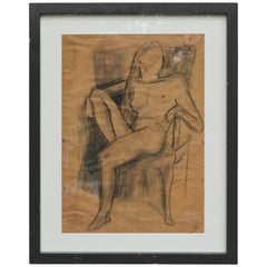 Sitting Female Nude Sketch Painting, Signed 1974