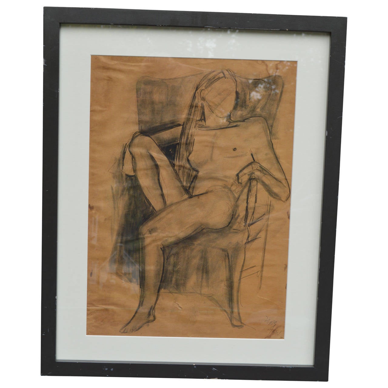 Sitting Female Nude Sketch Painting, Signed 1974 In Good Condition For Sale In Haddonfield, NJ