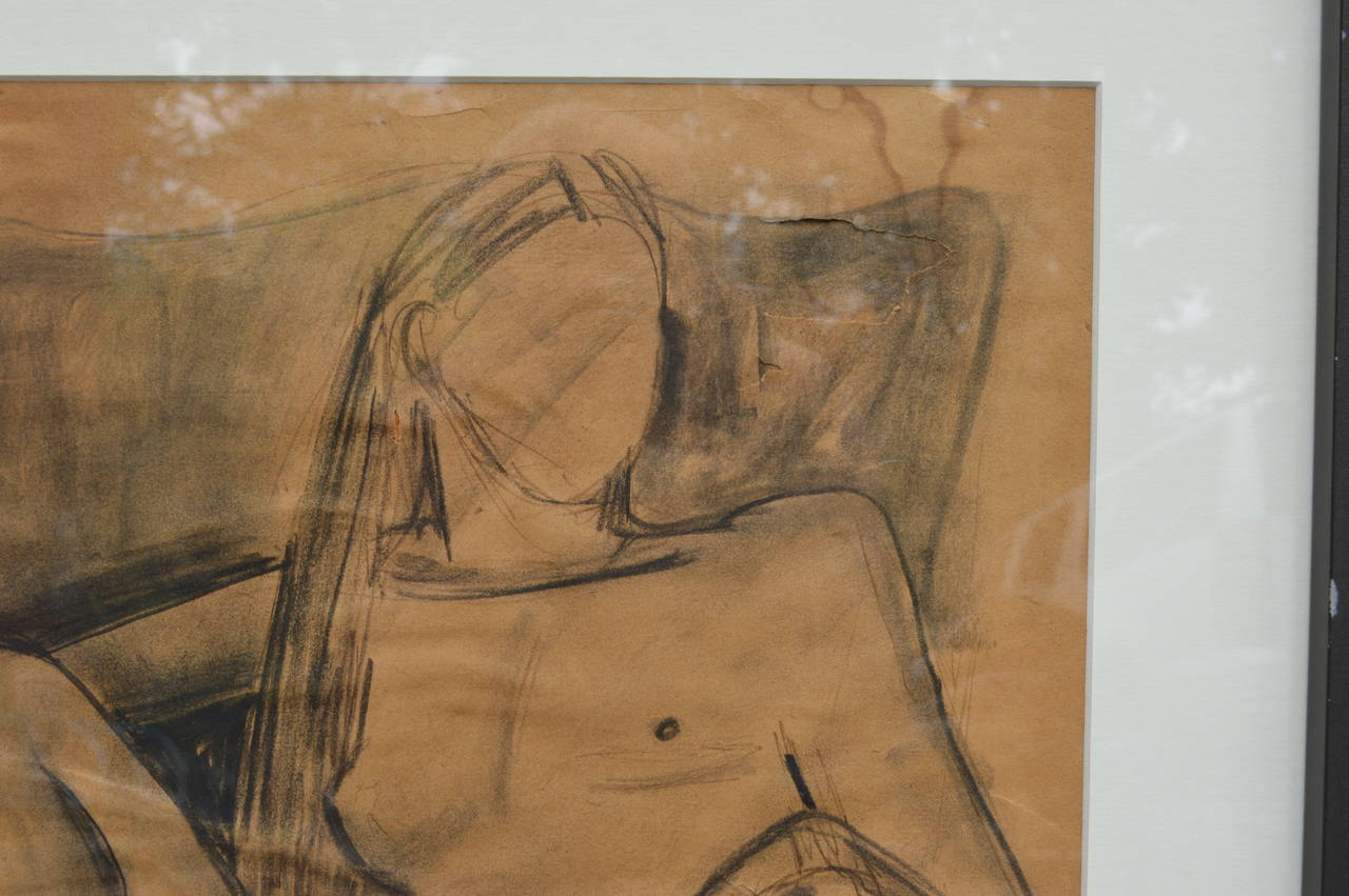 Papier Peinture de croquis d'une femme assise nue, signée 1974 en vente