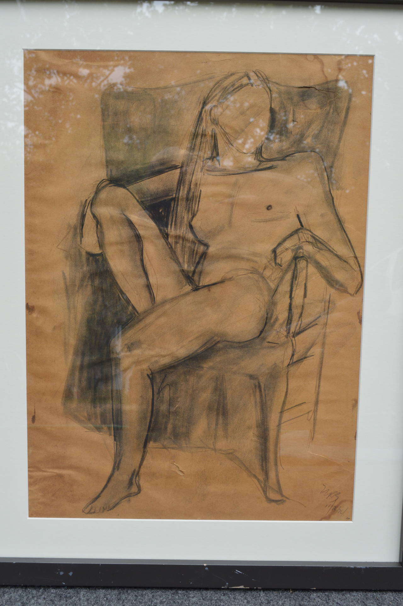 20th Century Sitting Female Nude Sketch Painting, Signed 1974 For Sale