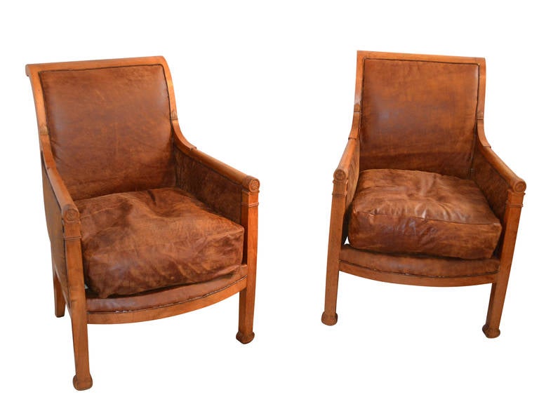 Very Nice pair of newly upholstered Art Nouveau leather Bergeres from France.