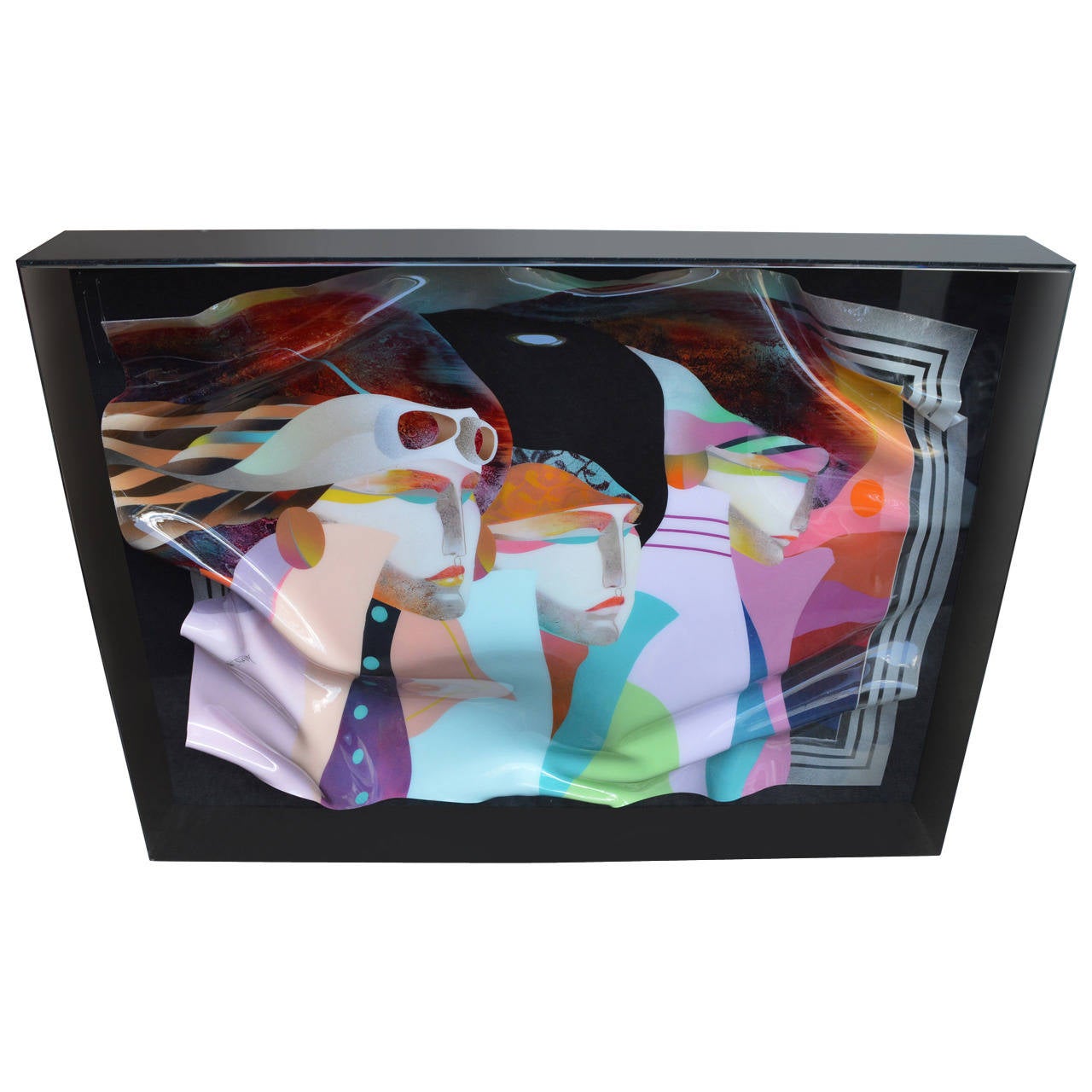 Classic work of reverse painted art glass of three ladies signed and dated by artist Ned Moulton, 1987. Encased in Lucite shadow box.