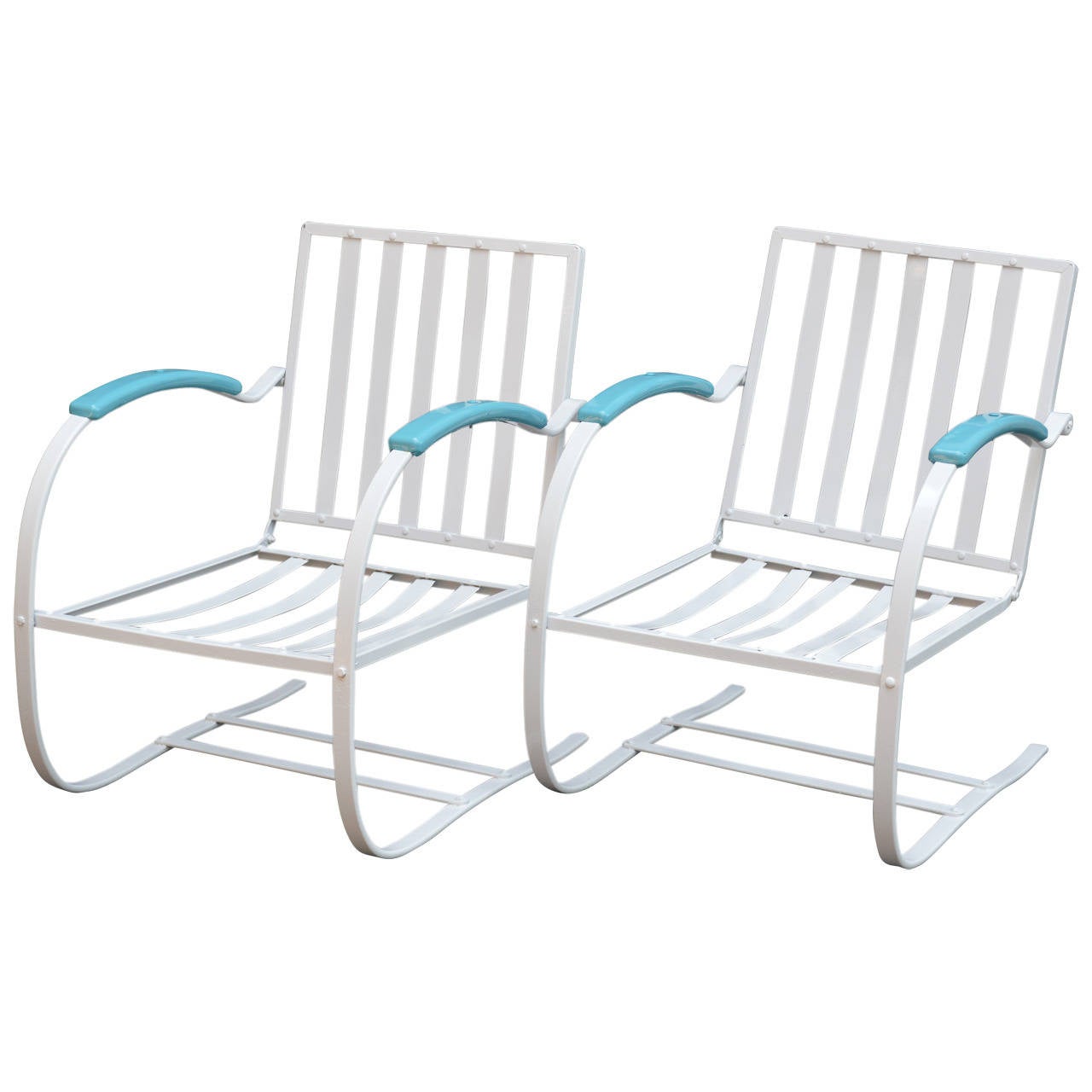 Vintage and fun, this is a pair of white with turquoise garden spring chairs and a single solid turquoise spring chair (marked Bunting Glider Co. Phila. PA).