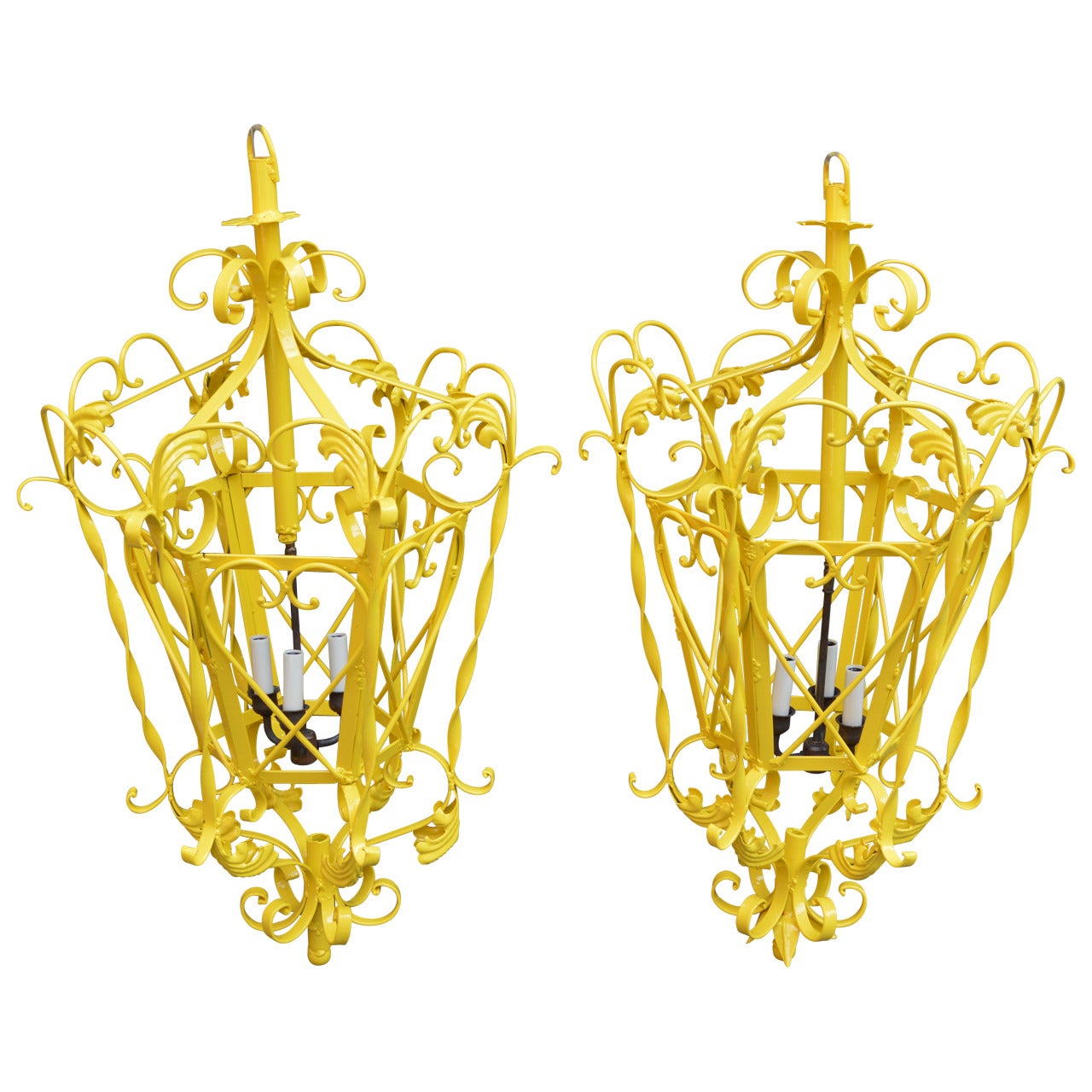 Pair of Large Yellow Wrought Iron Lanterns