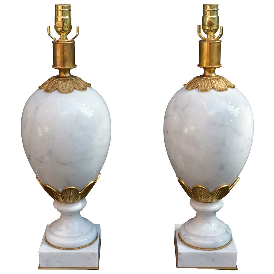 Pair Of Italian White Marble Table Lamps