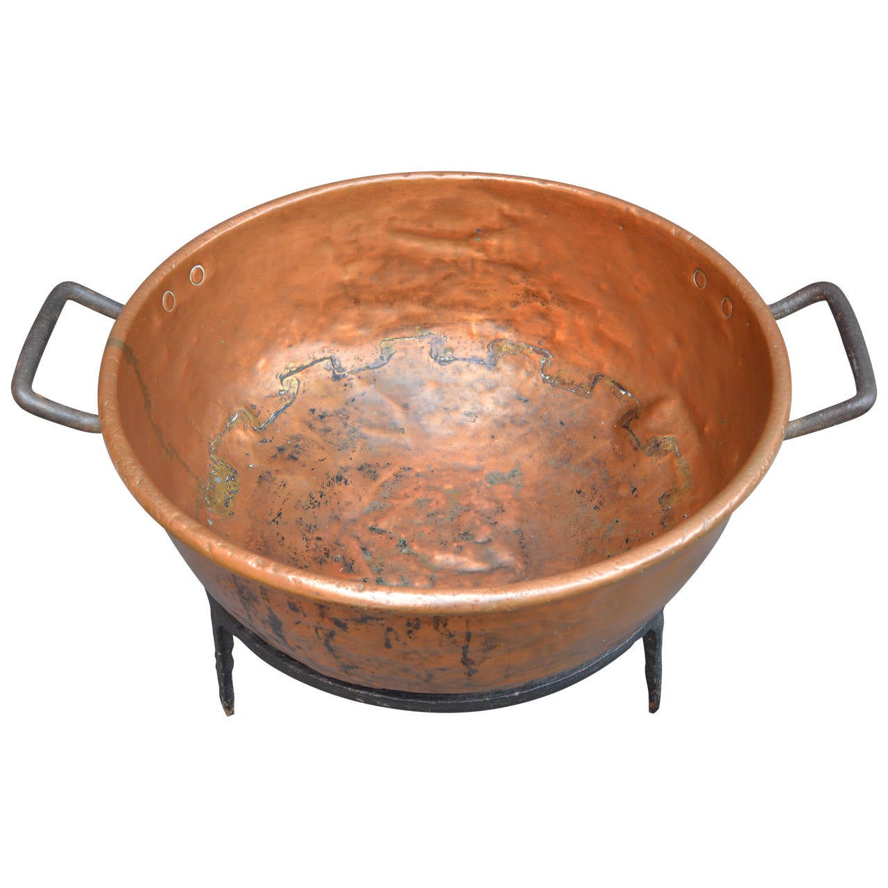 Folk Art Large Copper Cauldron with Iron Base
