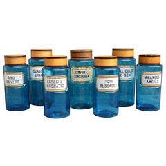 Collection of Seven Blue Pharmacy Glass Jars