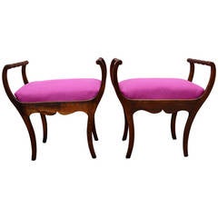 Two 19th Century Art Nouveau Stools with Hot Lipstick Pink Seats