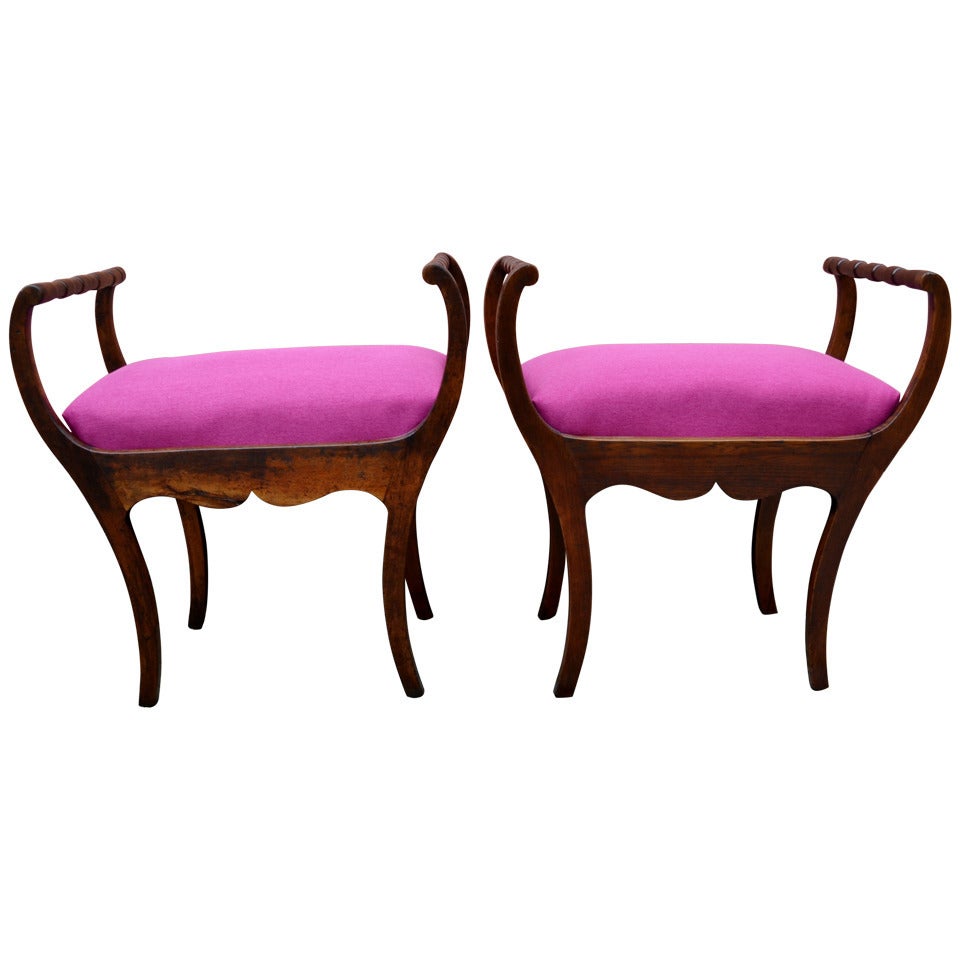 Two 19th Century Art Nouveau Stools with Hot Lipstick Pink Seats