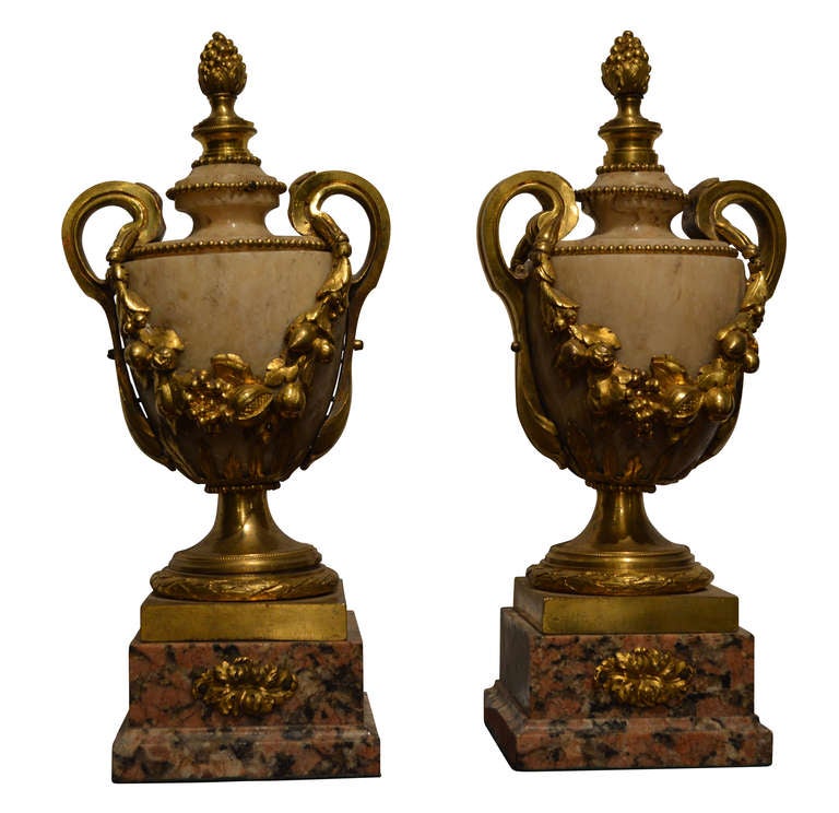 Français Paire de vases en bronze doré et marbre du XVIIIe siècle