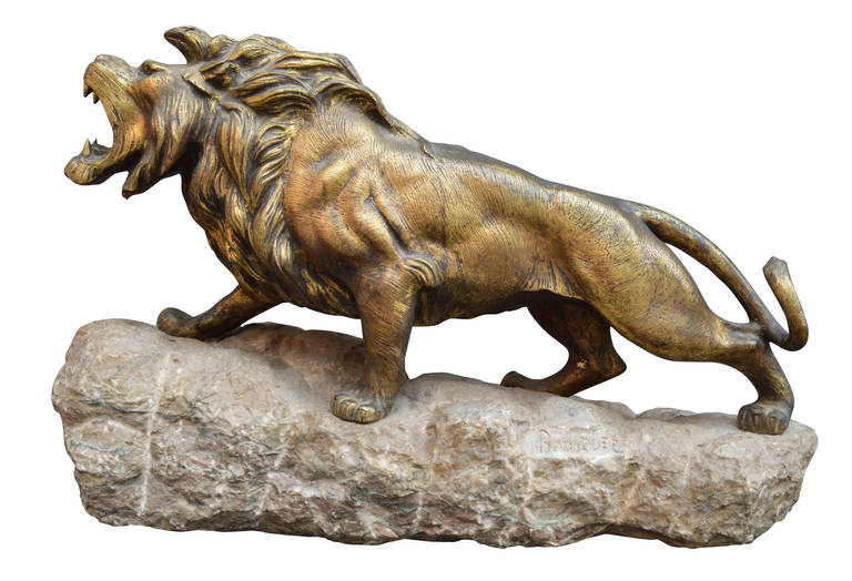 French Large Roaring Bronze Lion Sculpture