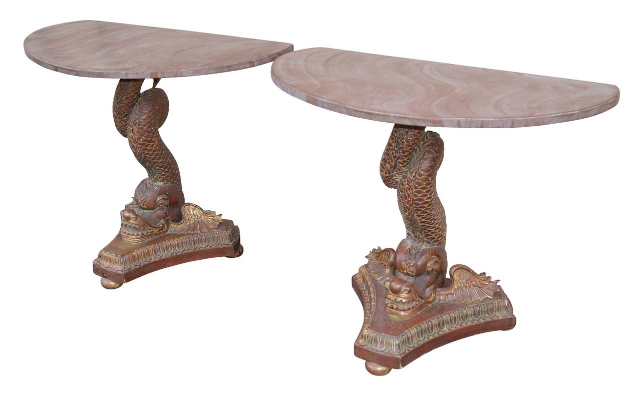 Pair of faux marble wooden top consoles