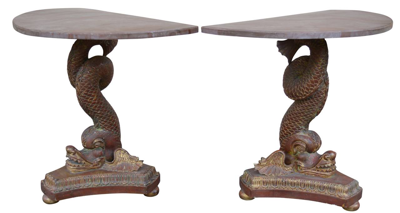 Pair of late 19th Century Dragon-Head, Demilune Consoles In Good Condition In Haddonfield, NJ