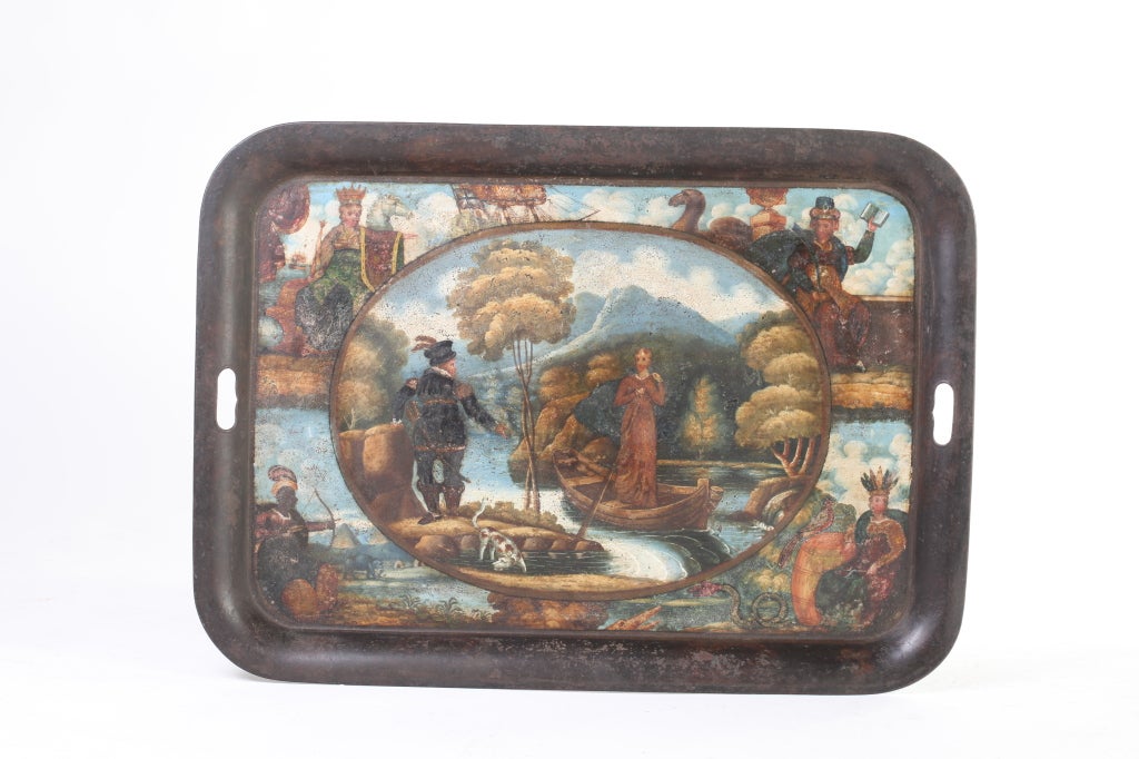 Fine Regency tray showing the four corners of the British Empire and a large central scene, illustrating many symbolic undertones.
