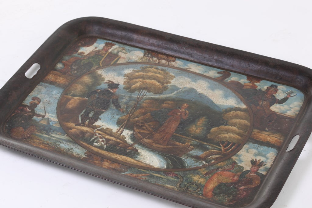 Englisches szenisches bemaltes Tablett aus dem 19. Jahrhundert (Regency) im Angebot