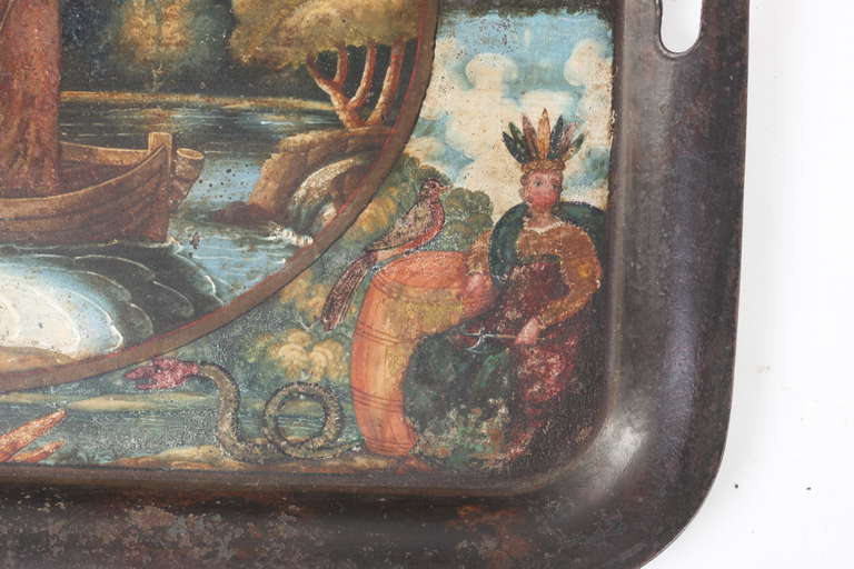 19th Century English Scenic Painted Tole Tray For Sale 1