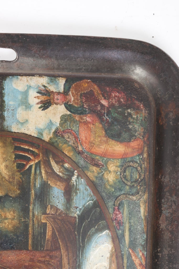 Hand-Painted 19th Century English Scenic Painted Tole Tray For Sale