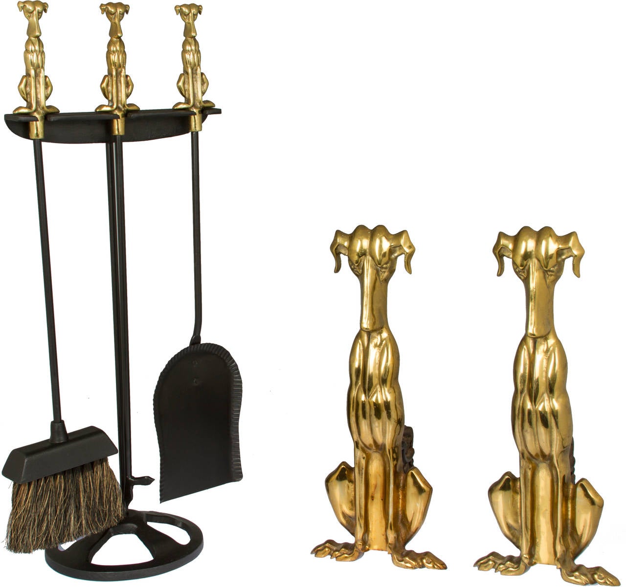 Pair of dog andirons and matching fireplace tools. These are great looking andirons in brass-plated metal.