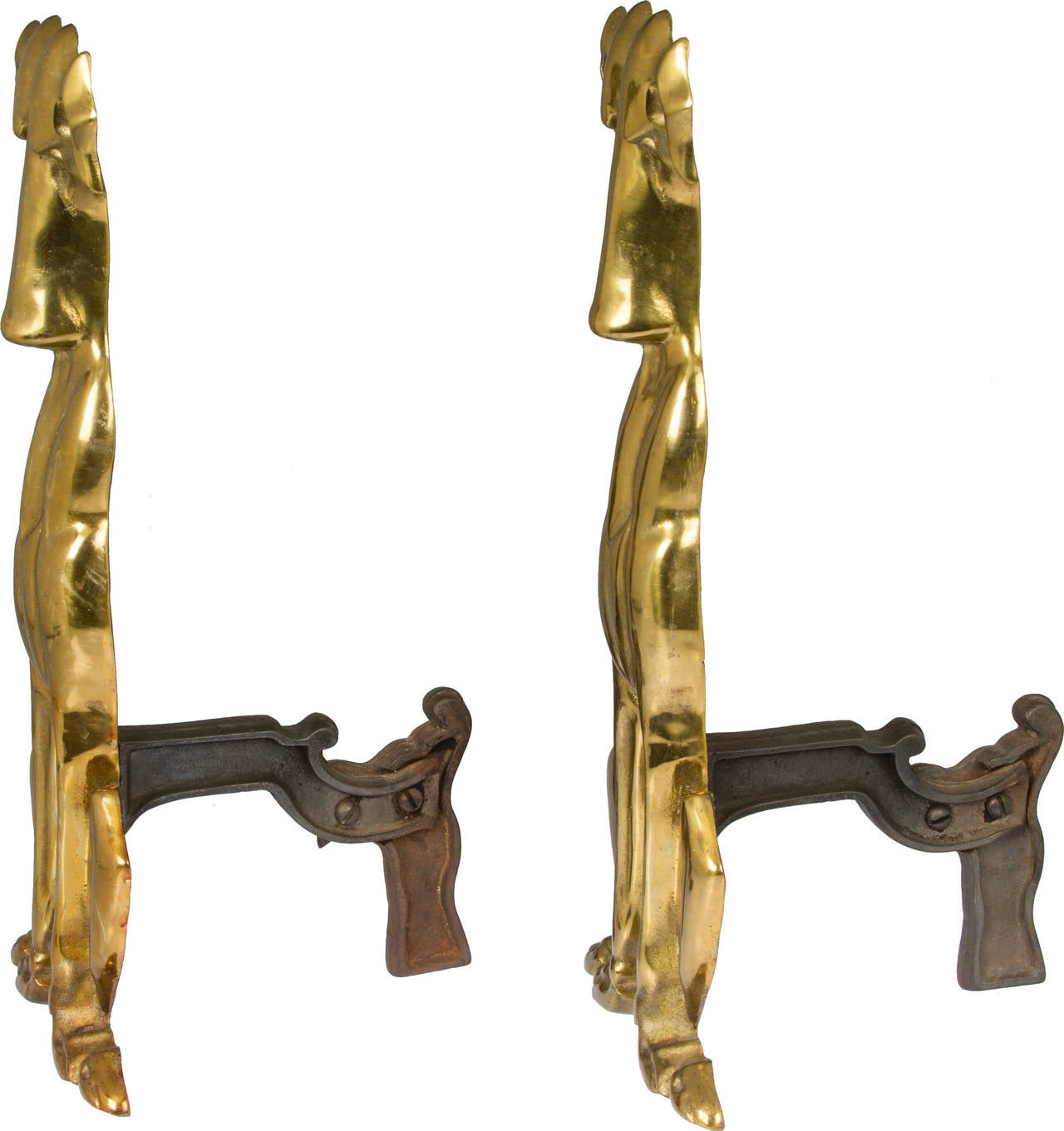 Mid-20th Century Pair of Dog Andirons and Matching Fireplace Tools