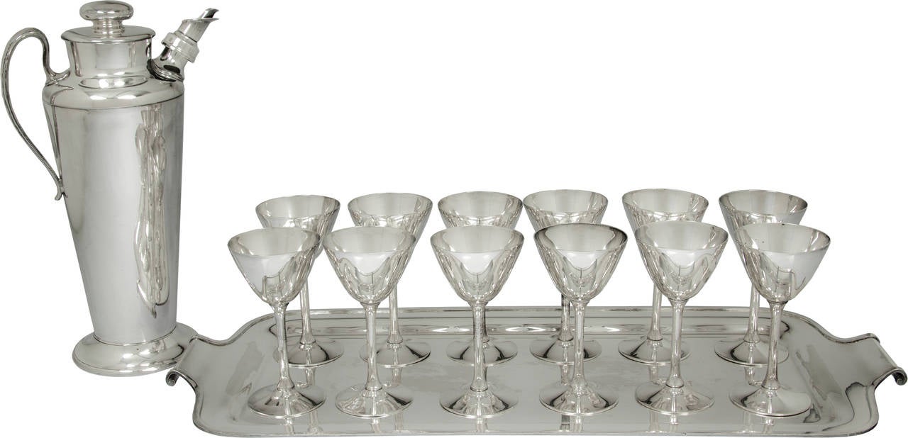 Art Deco Martini Shaker with 12 Glasses and Tray by Meriden for International