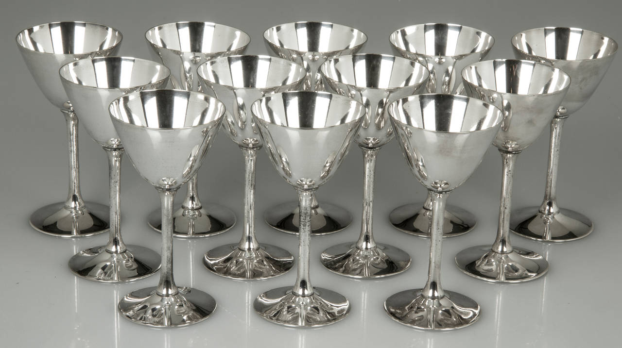 Silver Plate Art Deco Martini Shaker with 12 Glasses and Tray by Meriden for International