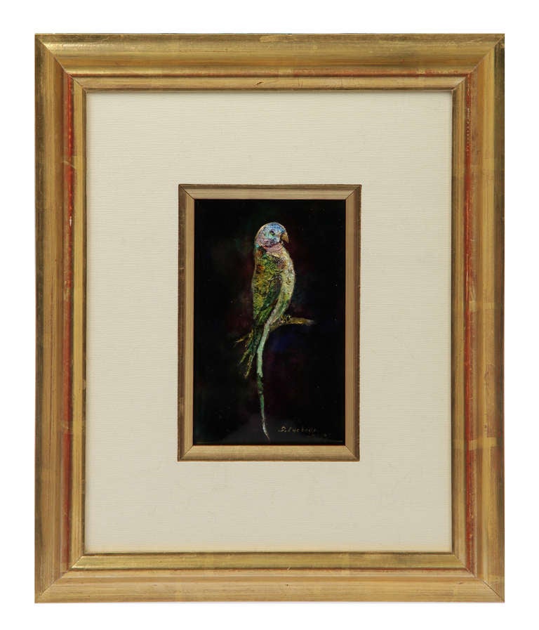 This is a richly enameled framed wall piece of a a parrot. It was done by S. Lachaud, and artist for Limoges. Nicely framed, the image size is 3.50 x 5.50.
