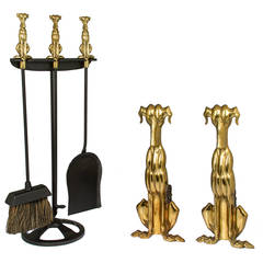 Pair of Dog Andirons and Matching Fireplace Tools