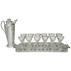 Art Deco Martini Shaker with 12 Glasses and Tray by Meriden for International