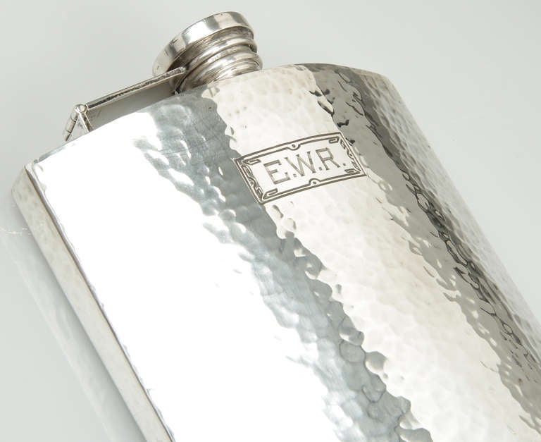 20th Century Art Deco Hand Hammered Sterling Hip Flask For Sale