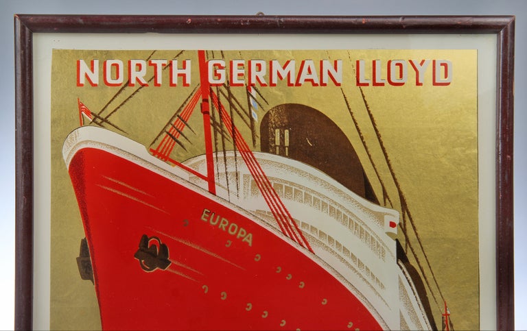 This is a wonderful example of Art Deco Advertising Art featuring the Europa Ocean liner.  Beautifully graphic, the image is signed by Bernd Steiner and the reverse painted glass  is marked Made in Germany.  A  similar piece hangs in the Wolfsonian