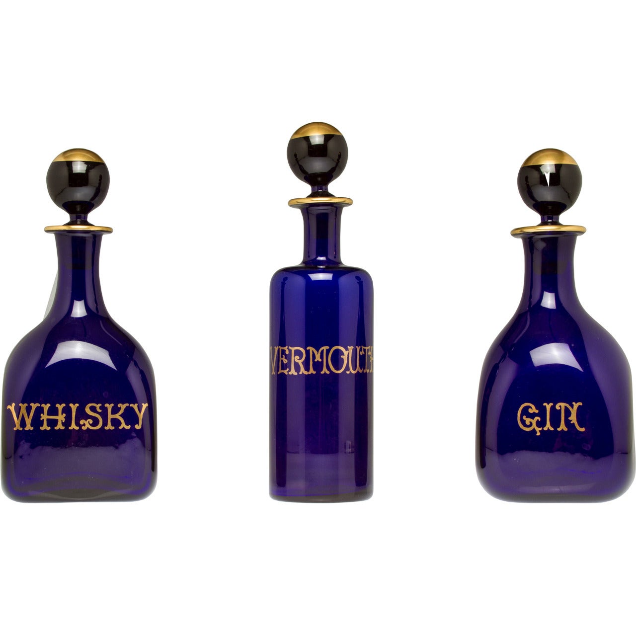 Three Cobalt Blue Italian Glass Liquor Bottles
