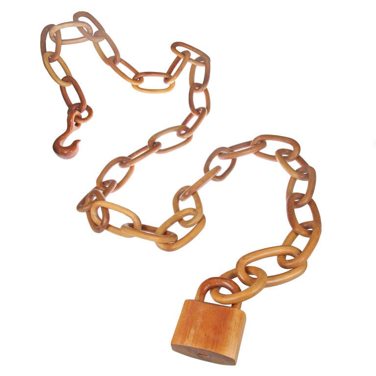 An Oversized Folk Art  Carved Wood Linked Chain with Padlock In Good Condition In Chicago, IL