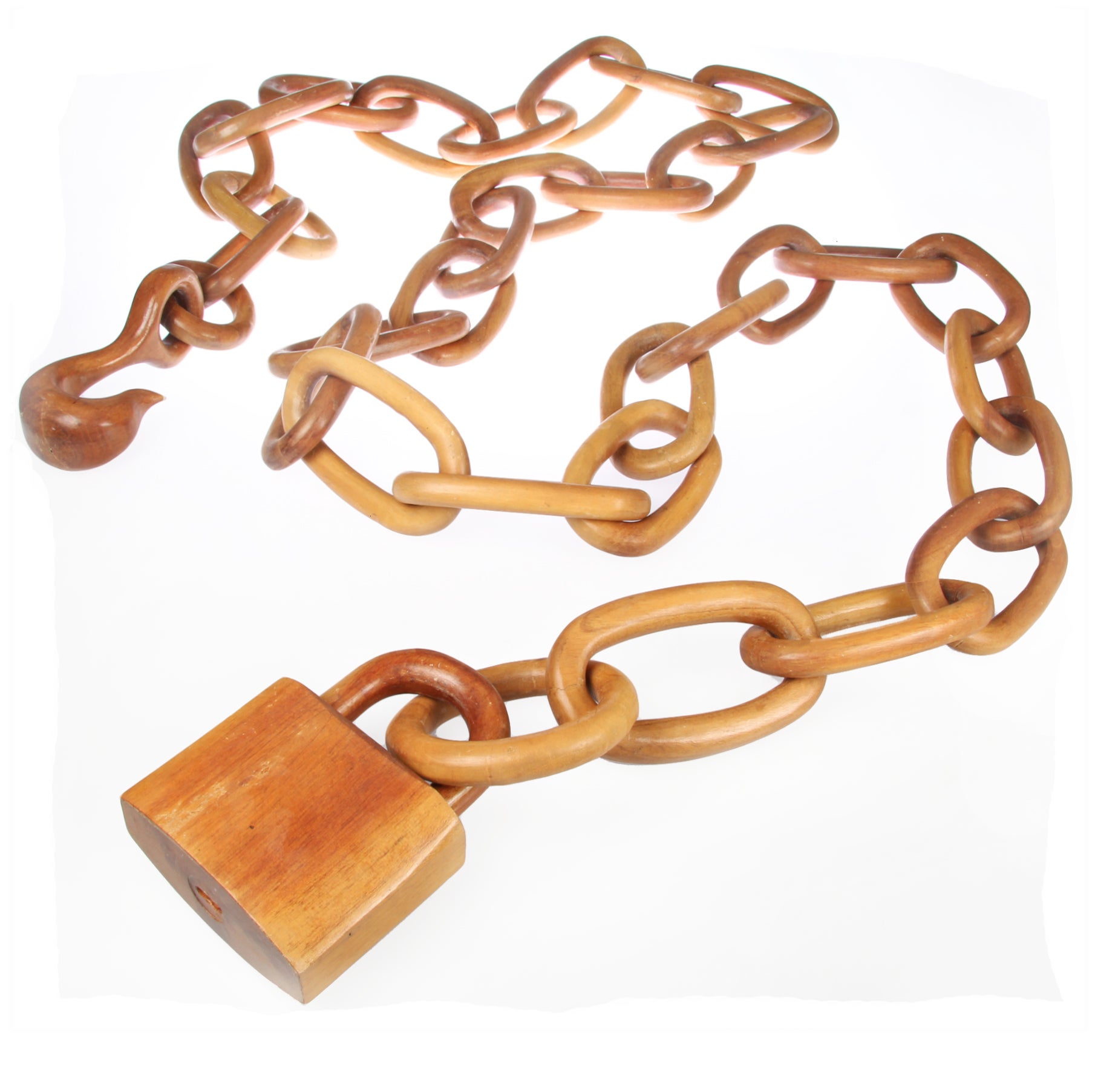 An Oversized Folk Art  Carved Wood Linked Chain with Padlock
