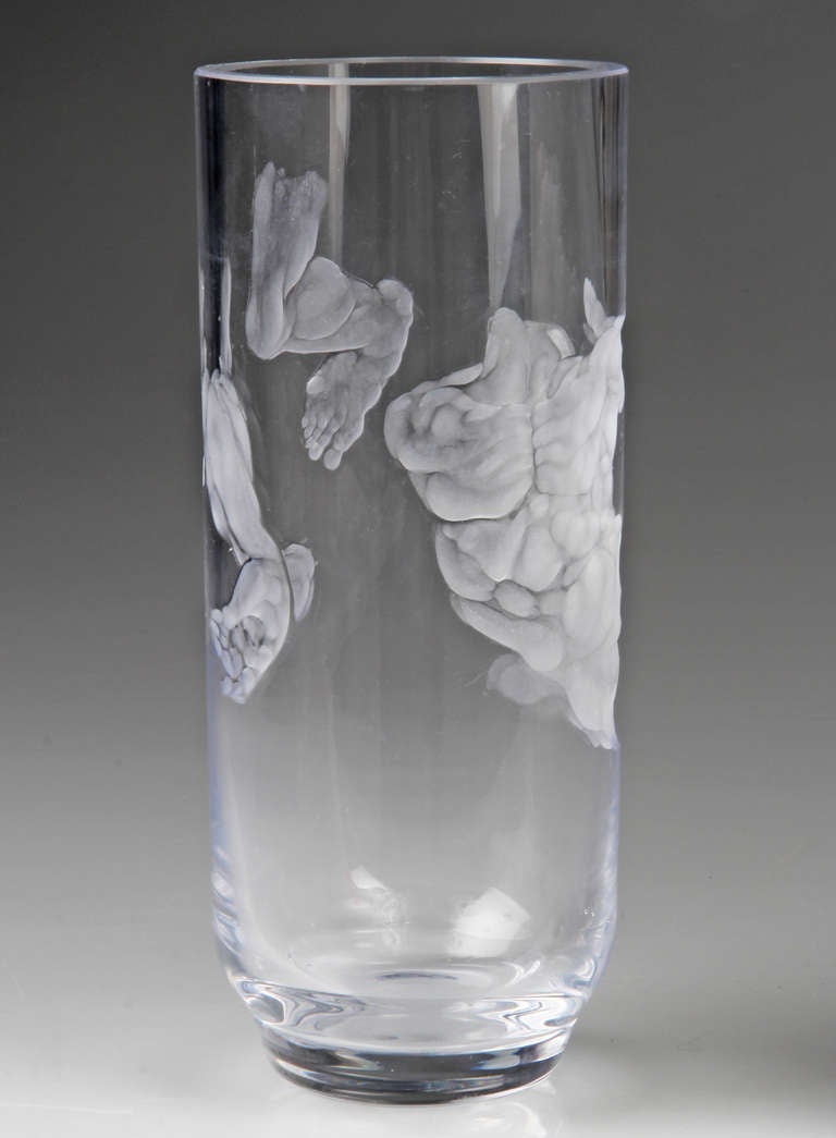 Mid-20th Century Clear Crystal Vase with Etched Male Torso