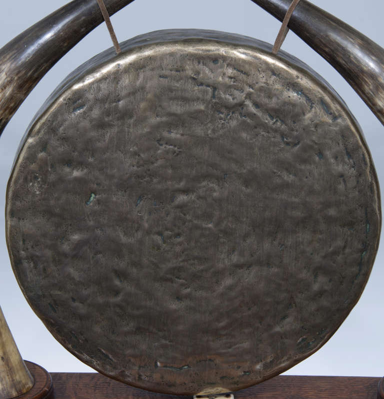 Leather English Large 19th Century Gong with Horns
