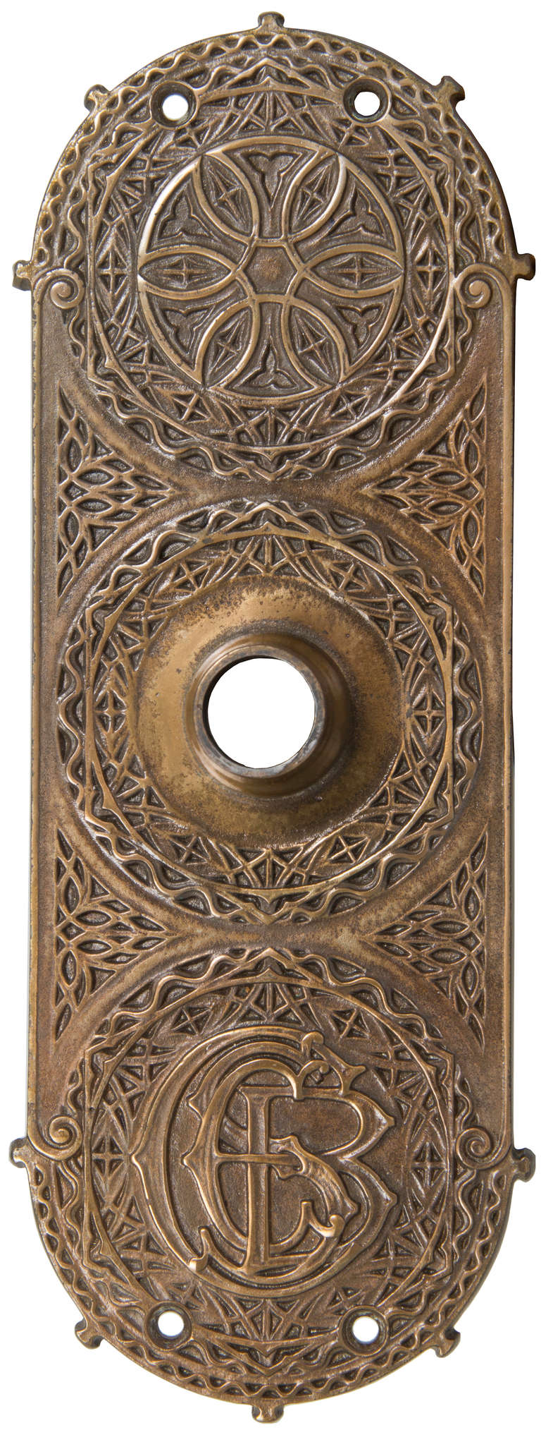 This is an example of the Chicago Stock Exchange Building interior doorknob and faceplate set, with the initials 