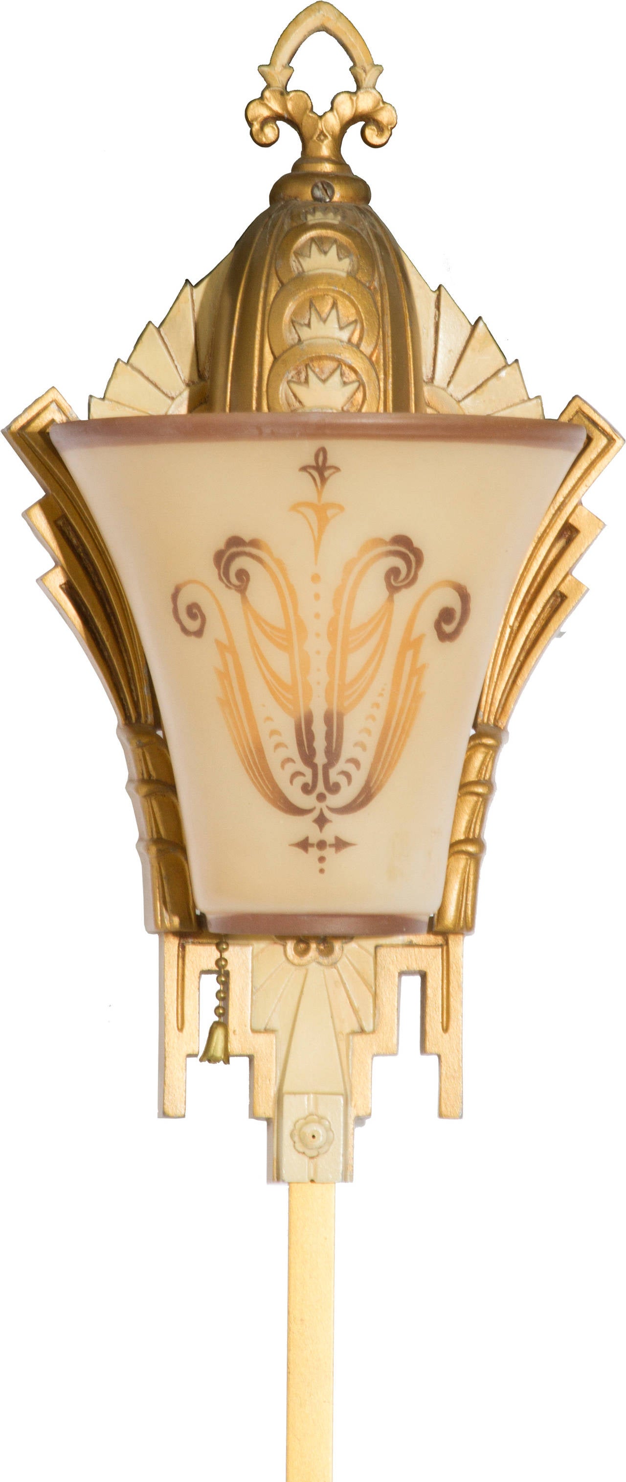 These are a theatrical Art Deco pair of wall sconces with elegant elongated footed gilt metal stems.