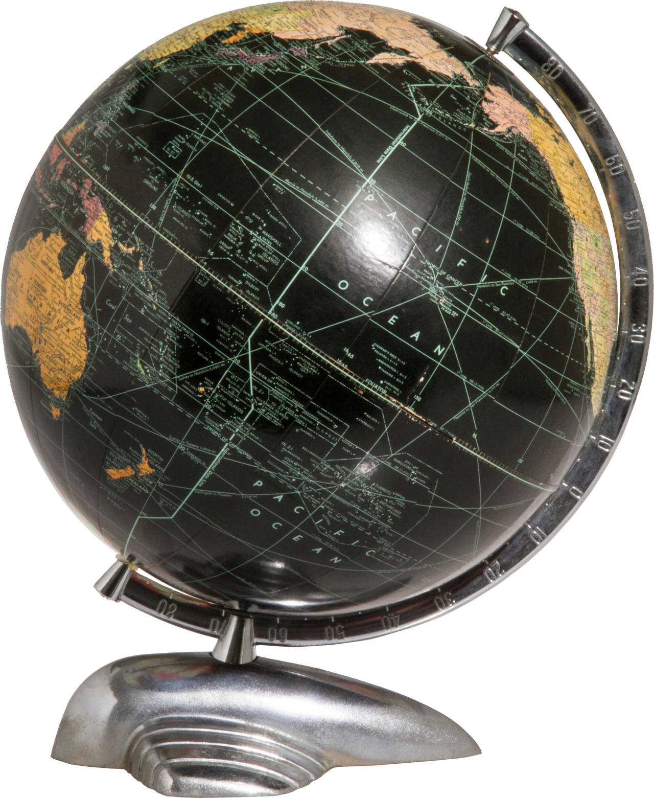 This is a wonderful globe with a machine age airplane chromed metal base made by the Weber Costello Company of Chicago Heights, Illinois.