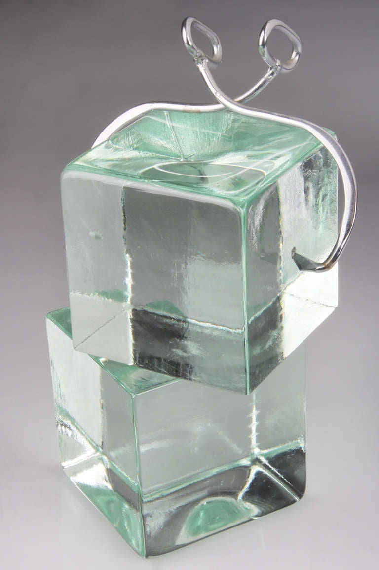American Sculptural Bookends  by Curtis Jere Oversized Glass Ice Blocks  with Tongs