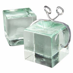 Vintage Sculptural Bookends  by Curtis Jere Oversized Glass Ice Blocks  with Tongs