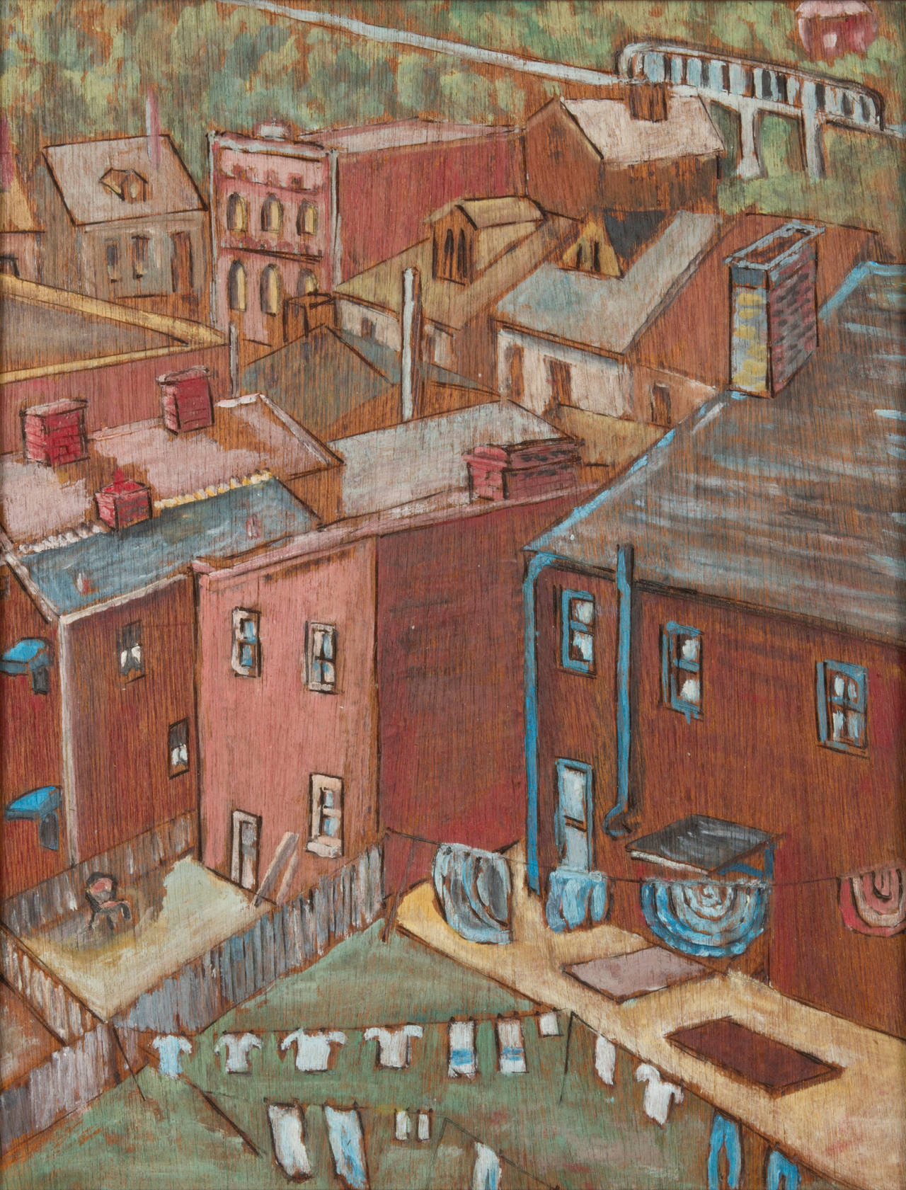 A charming cityscape etched in wood and painted is attributed to the Czech Artist Jan Benda. Showing a slice of urban life in the 1940s-1950s, the picture outside of its frame measures 10.25