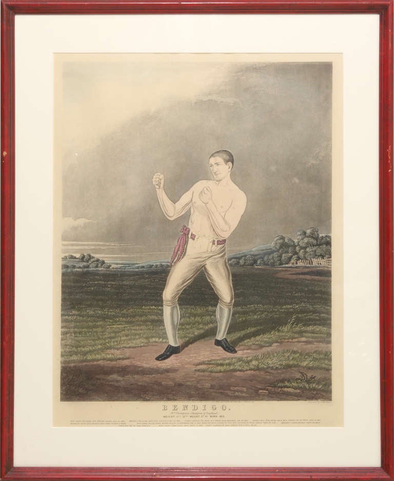 This is a print celebrating the Bare Knuckled Prizefighter,  Champion Bendigo, William Thompson of England, by engraver Charles Hunt.