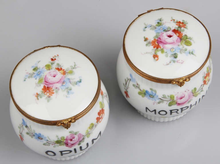 Hand-Painted Limoge Opium And Morphine Porcelain Jars with a Floral Motif