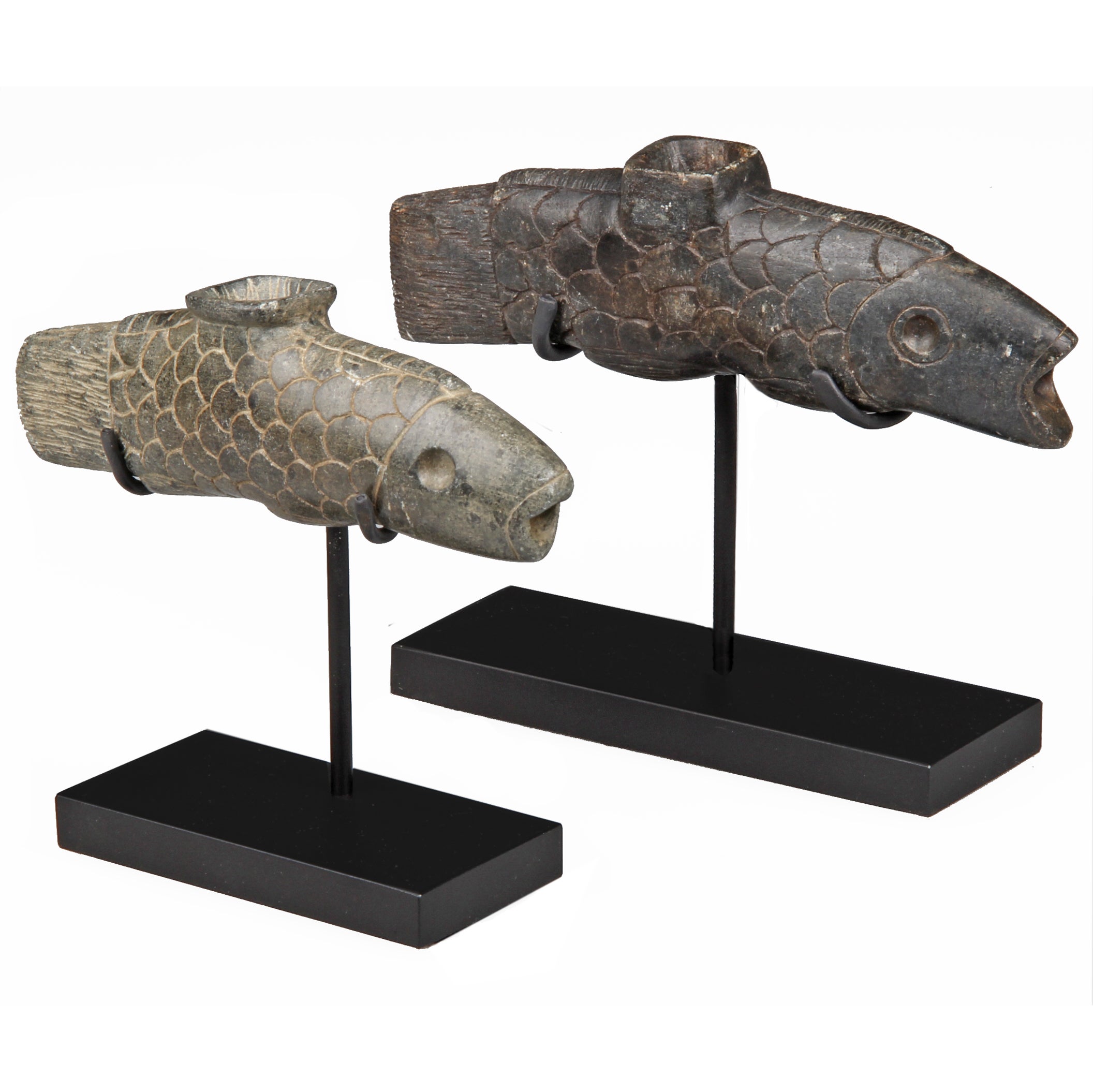 Pair of Native American Carved Stone  Fish Form Pipes