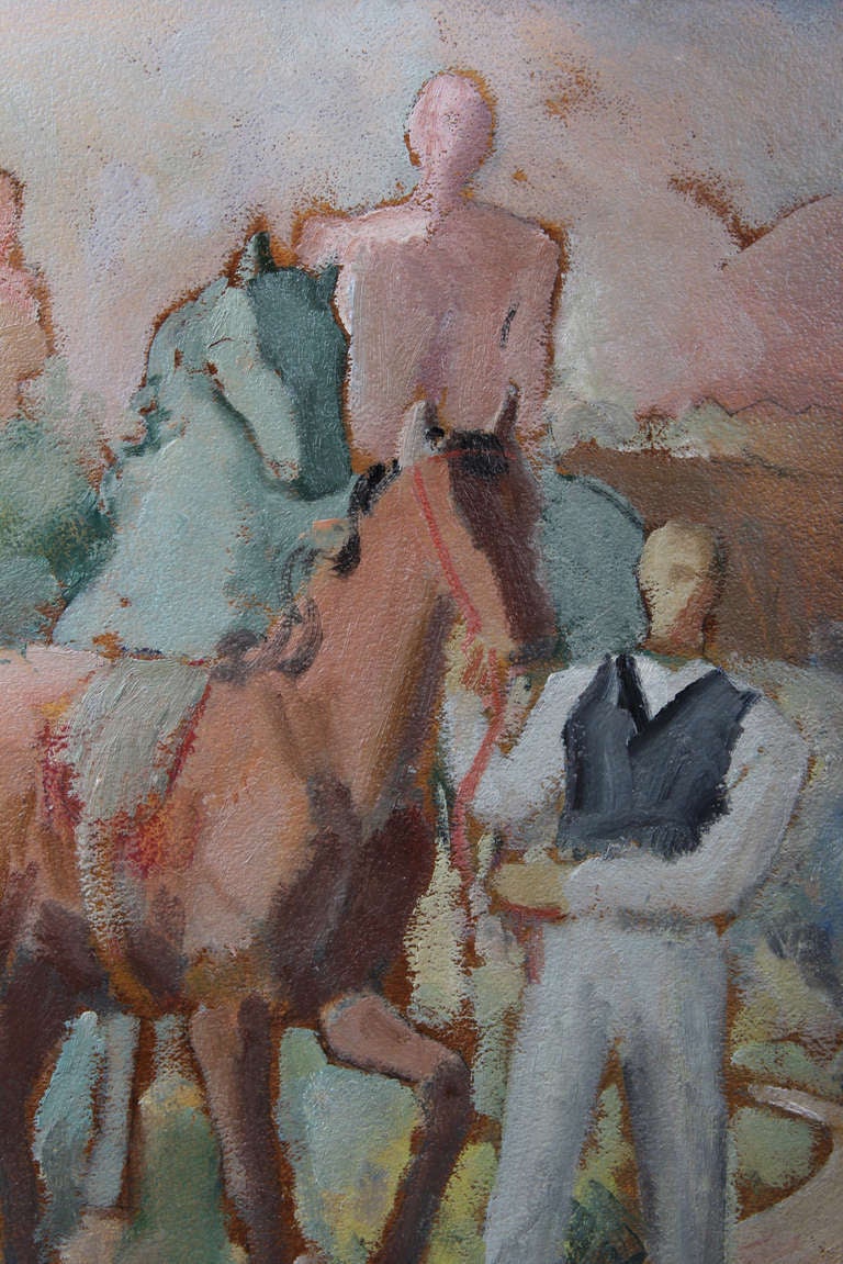 Painted very much in the style of WPA murals, this is a handsome painting from that period.  
The Image size is 14.00 